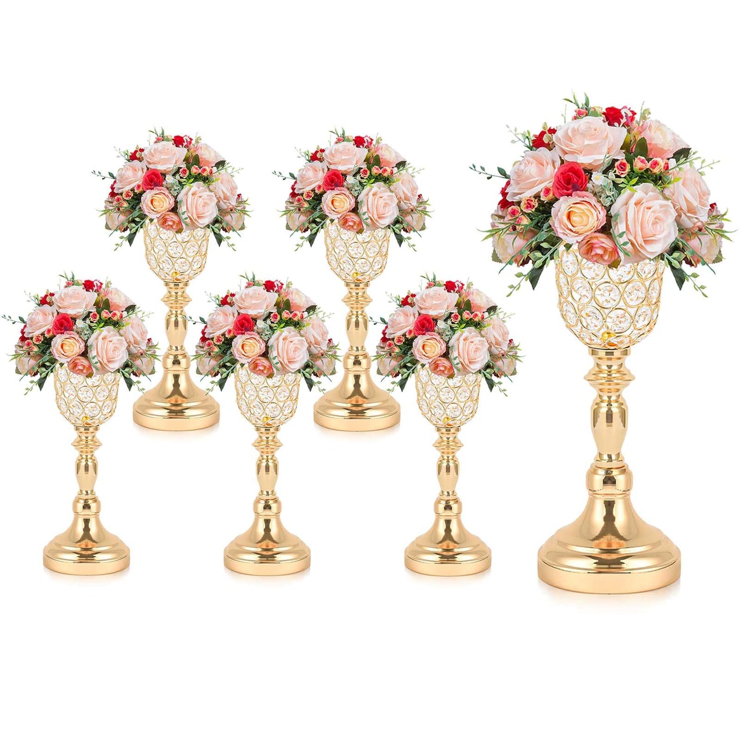 Kehail 6pcs Elegant Crystal Trumpet Metal Centerpiece Vases, Wedding Table Decoration Flower Stand Tulip Shape Decor Artificial Flower Arrangement Vase for Wedding Restaurant Vase Home Decor (Gold)