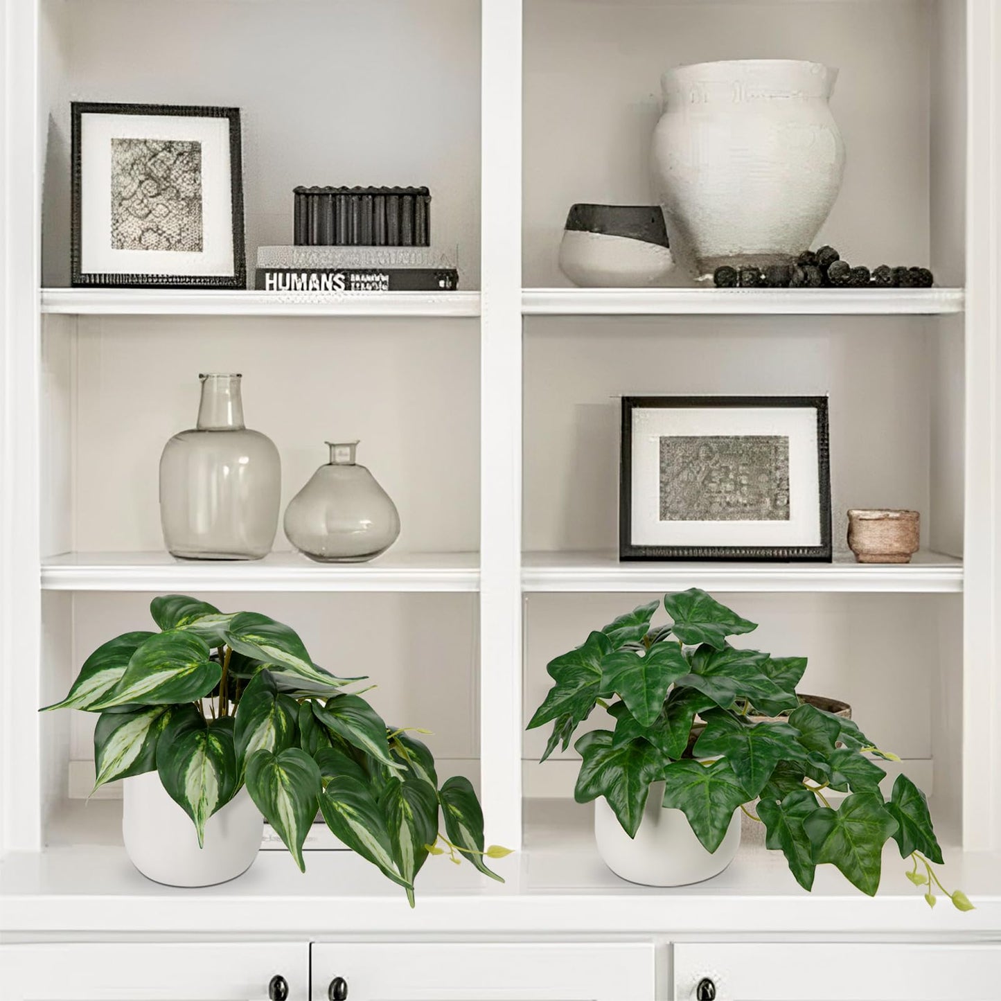 GnFlus Fake Plants Set of 2 Artificial Plants Faux Ivy Pothos with White Ceramic Pots Fake Potted Plants Artificial Decor for Home Bathroom Shelf Desk Indoor