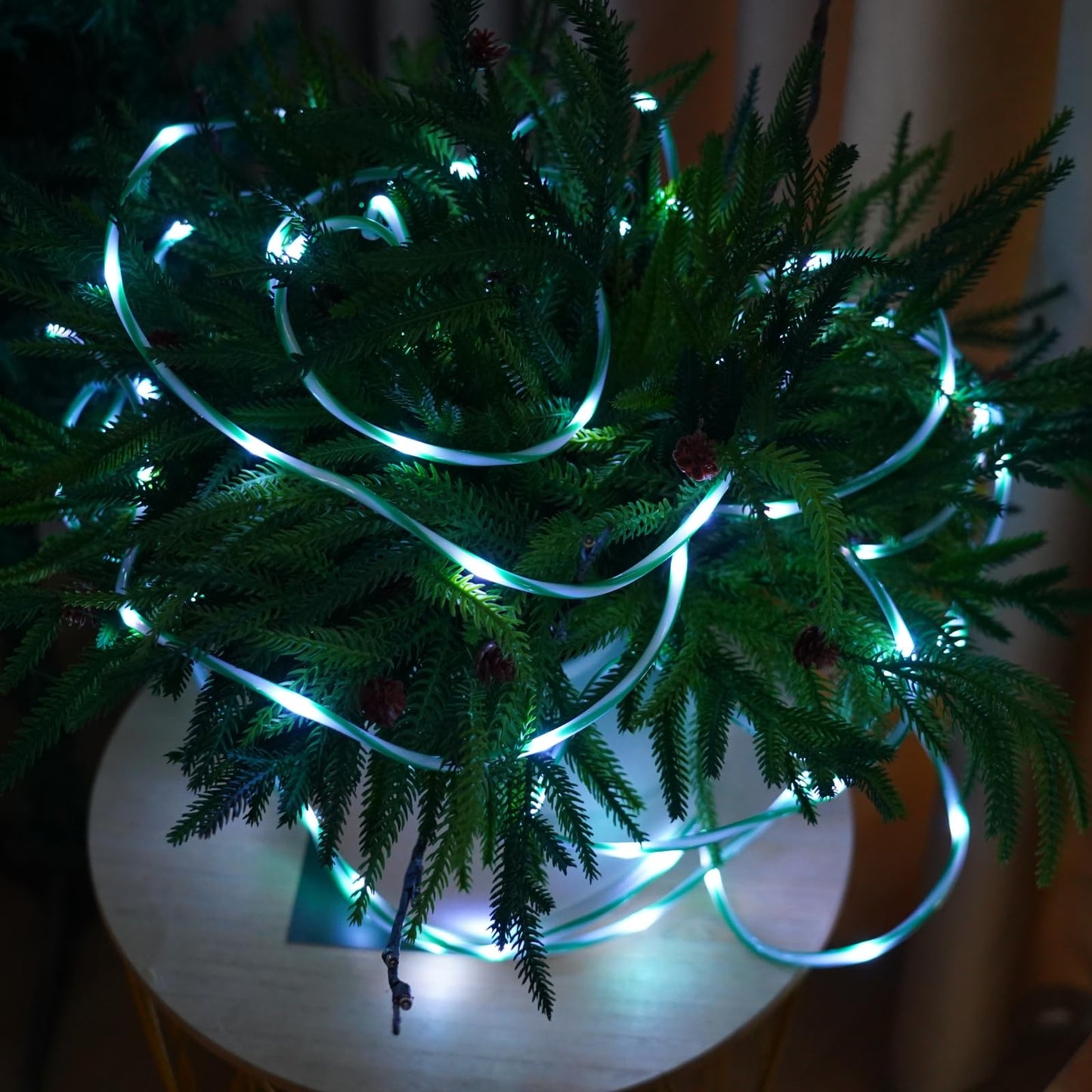QITONG Solar Christmas Lights Outdoor, 2 Pack Each 33ft 100 LED Green and White Candy Cane Rope Lights, Fairy Lights in Clear Thin Tube with 8 Modes