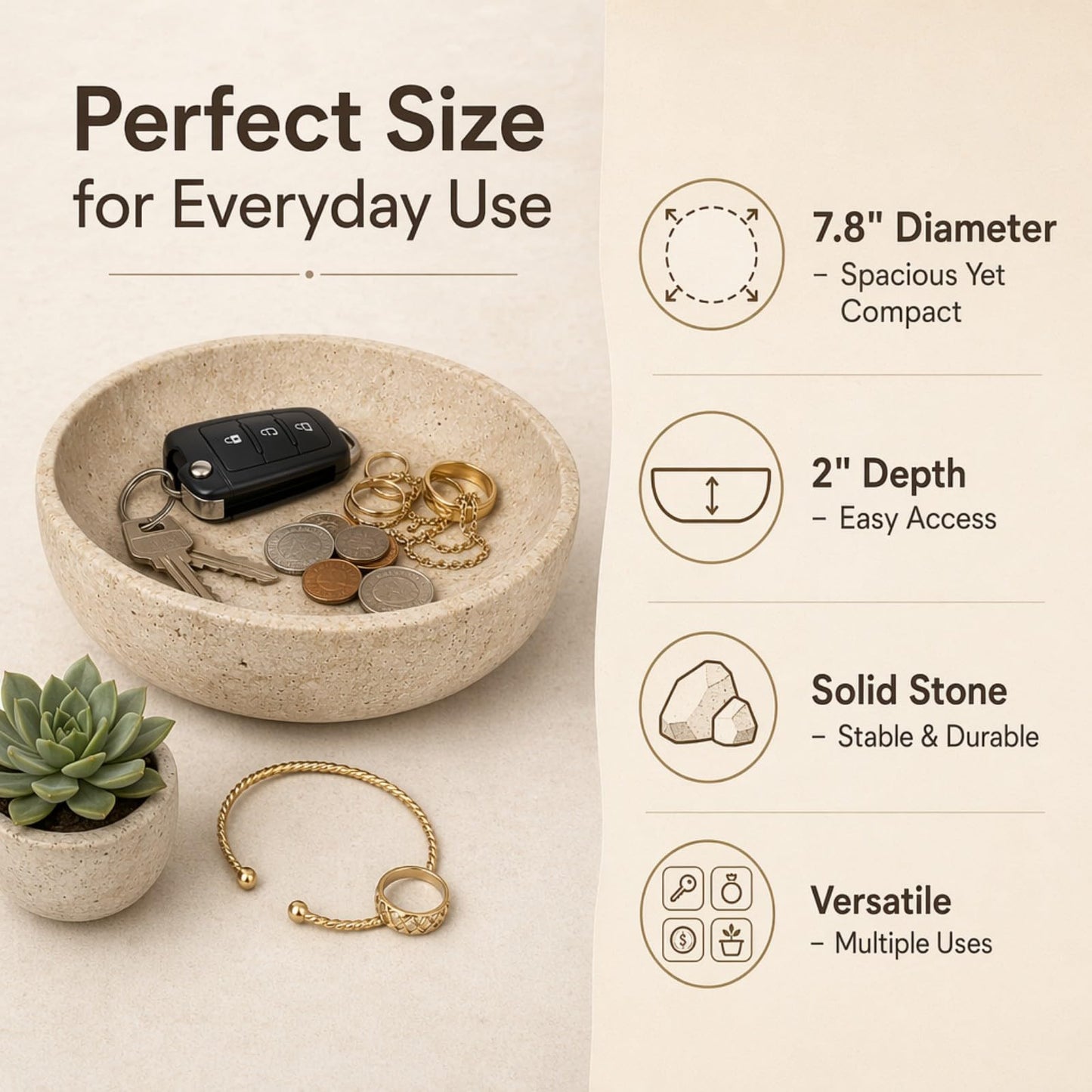 Natural Travertine Decorative Bowl 7.8", Travertine Bowl & Natural Stone Centerpiece for Coffee Table Decor, Ring Tray, For Entryway, Kitchen Fruit Bowl, Potpourri, Dining Table Centerpiece.