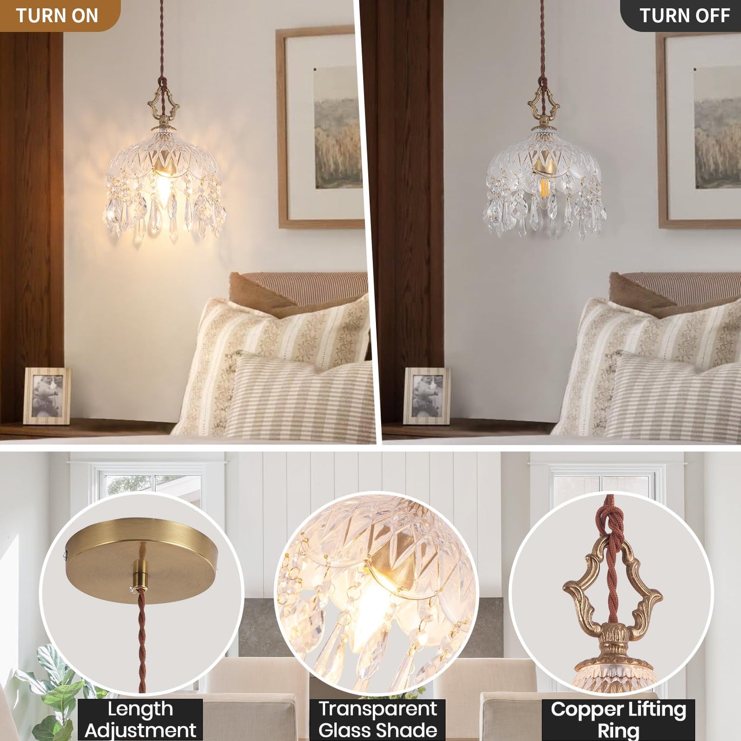 Bgfeoa Pendant Light with Glass Shade, Vintage Chandeliers 7.87 Inch E26 Base, Crystal Hanging Light Fixtures for Kitchen Island, Living Room, Dining Room 1 Light(Bulb Not Included)