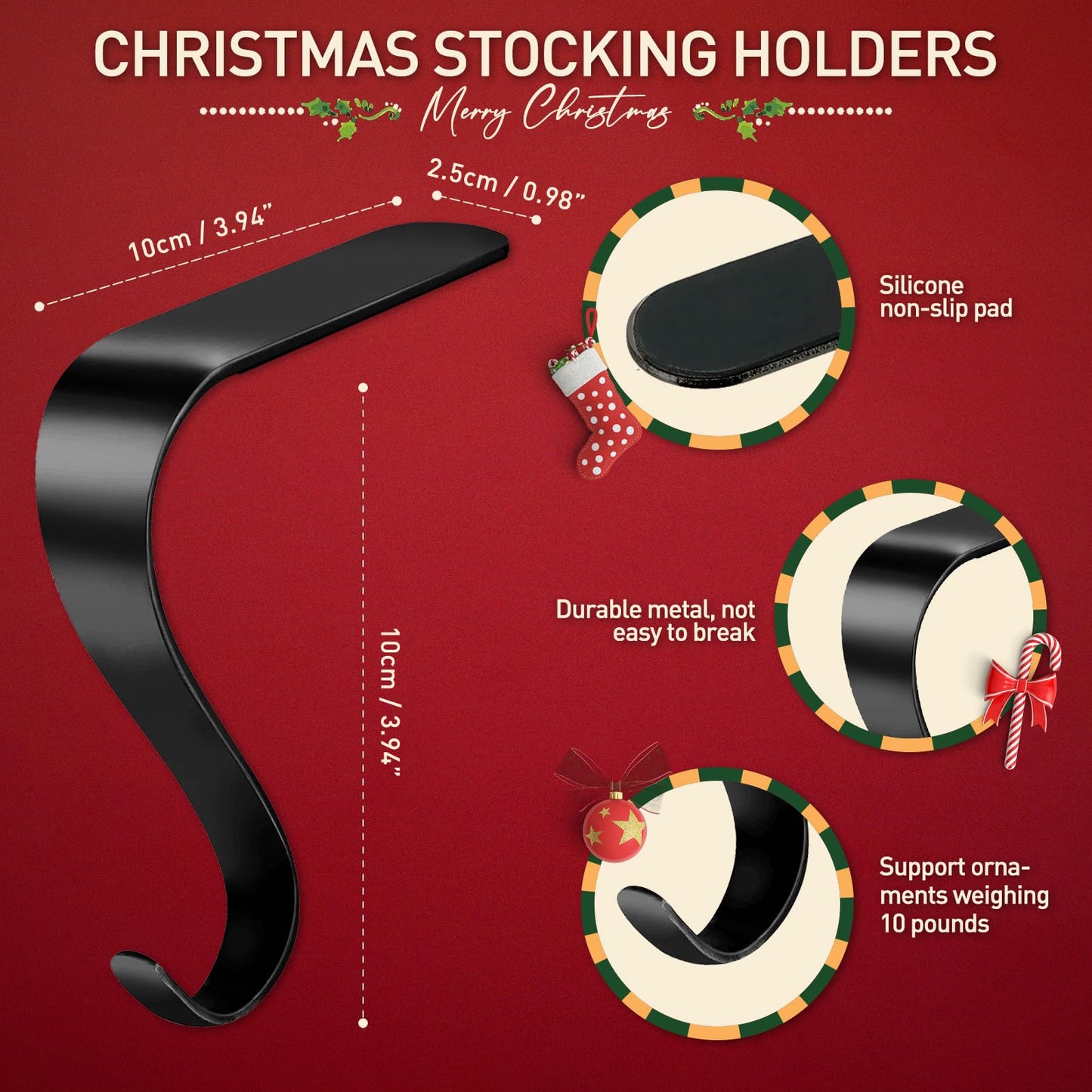 Edoneery Christmas Stocking Holders for Mantle with Silicone Anti-Slip Strips, Fireplace Stocking Hangers for Shelf, Garland Grips Hooks for Xmas & Family Party Decoration (Black 6 Pack, 6)