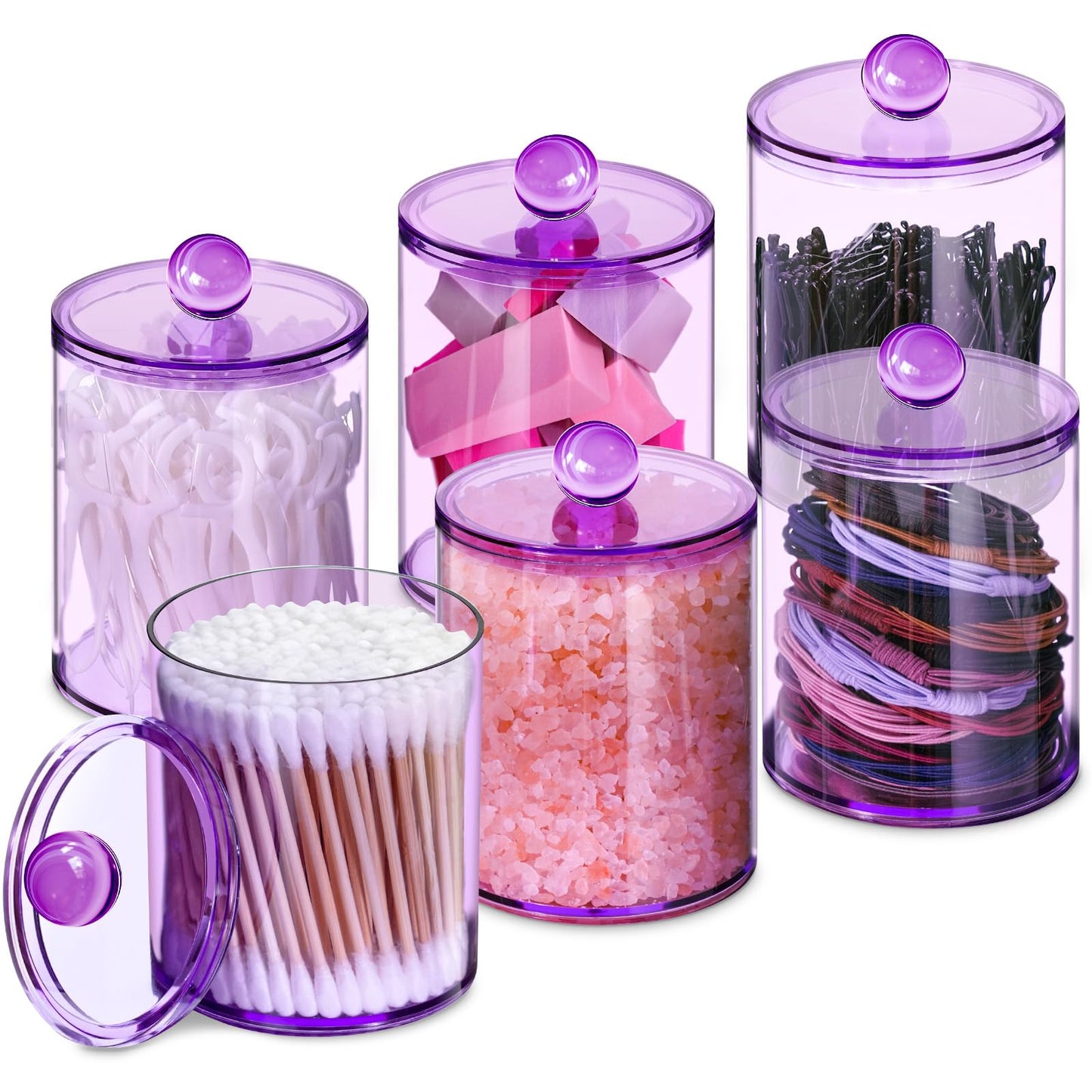 XIPENGKEJI 6 Pack Qtip Holder,Canister Apothecary Jar Set, Bathroom Jars with Lids Set for Cotton Swabs, Balls, Pads, Floss Picks,10oz-12oz Plastic Canisters Restroom Bedroom Vanity Organizer(Purple)