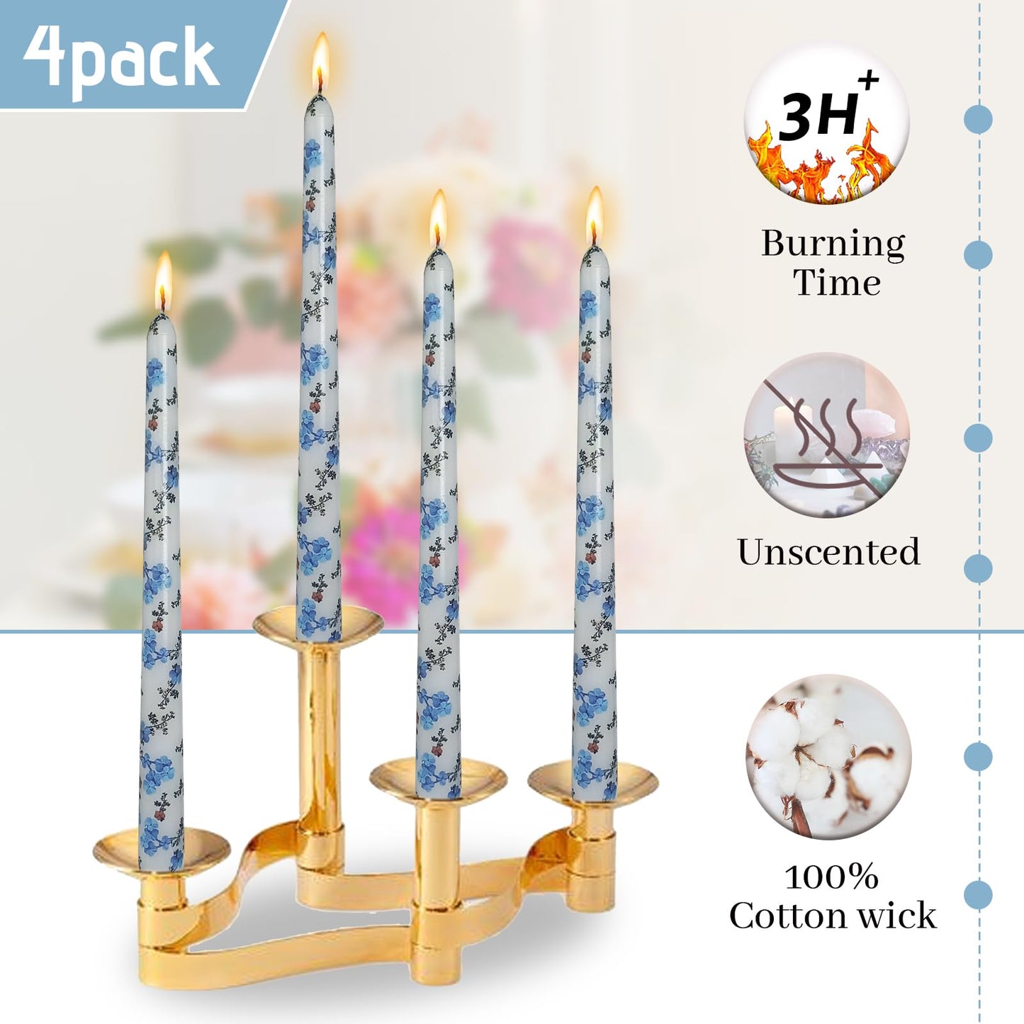 Floral Tapered Candle Forget-me-not Print Candles Handmade Unscented Candlesticks 10 Inch Smokelss Long Candle Sticks for Home Decor & Gifts Set of 4