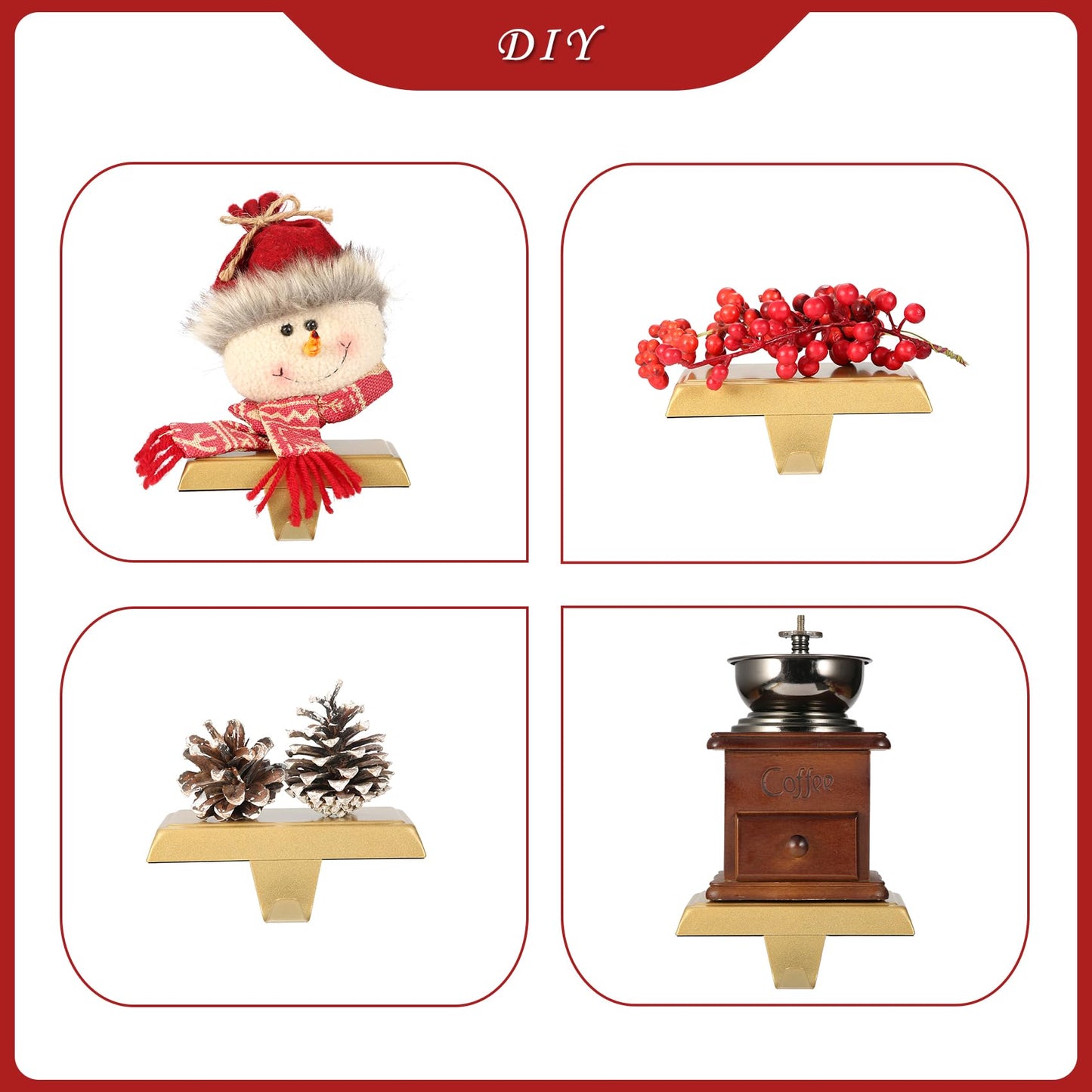 Sunshane 6 Pieces Christmas Stocking Holders Mantel Stocking Hanger Hooks Fireplace Mantle Metal Hang Bases for Xmas Party Decorations (Gold)