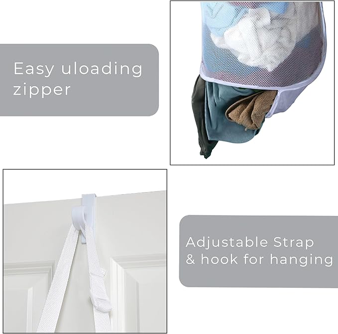Smart Design Deluxe Mesh Over The Door Pop Up Hamper w/ Hook & Adjustable Strap