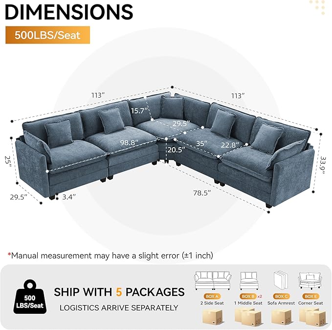 113'' V Shaped Cloud Sectional Sofa, Oversized Deep Seat Couches