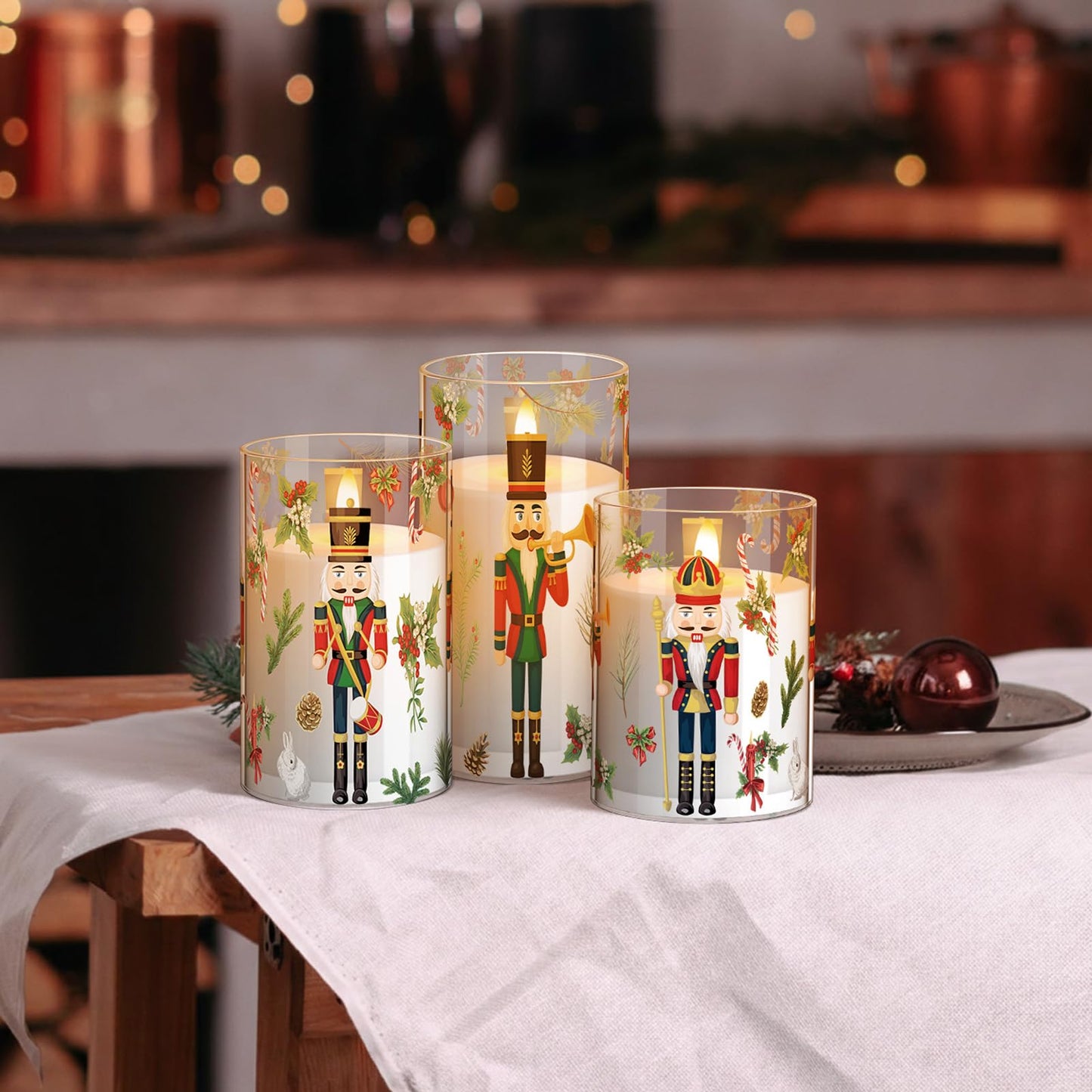 Glooglitter 3 Pcs Nutcracker Christmas Flameless Candle with Remote Timers Christmas Battery Operated Candles LED Flickering Candlestick for Xmas Party Home Decor