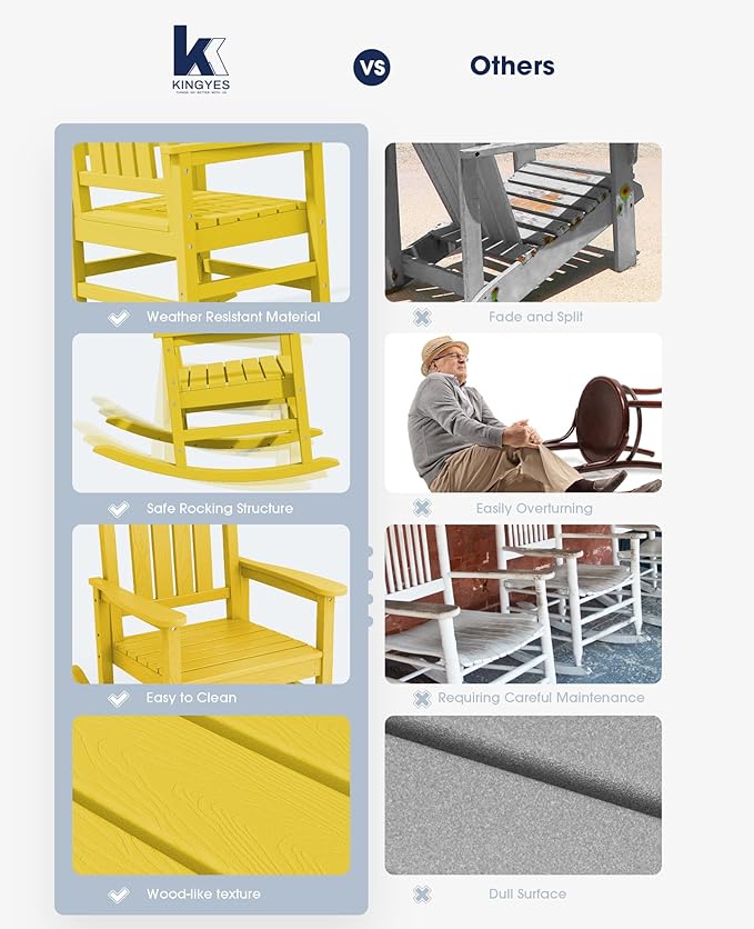 KINGYES Outdoor Rocking Chair Set of 2, High Density Polyethylene Patio Rocking Chairs with 330lbs Support for Adults, Yellow