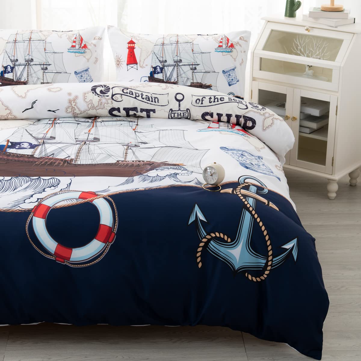 CVHOUSE Nautical Bedding Set Queen Size,Nautical Sailboat Bed for Boys Teens,Ocean Themed Sailing Anchor Comforter Cover Soft,Anchor Duvet Quilt Queen 89'x89'