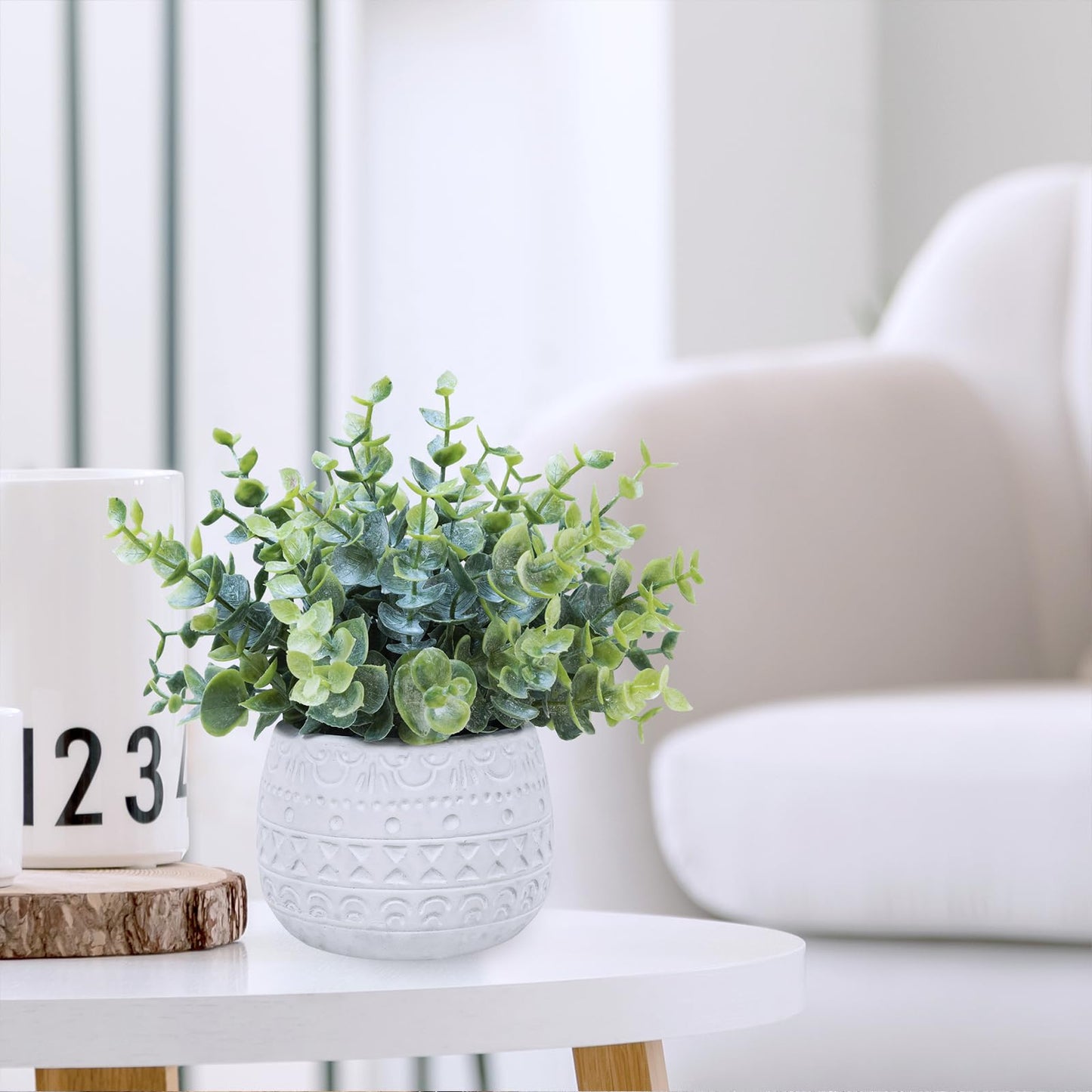 Winlyn Set of 2 Small Artificial Potted Plants Faux Eucalyptus Plant in White Geometric Ceramic Pots Small Desk Potted Plants 7.1" Tall for Home Office Room Decorations Wedding Greenery Centerpiece
