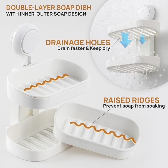 LEVERLOC Soap Dish Holder for Shower Double Layer Suction Cup Wall Mounted