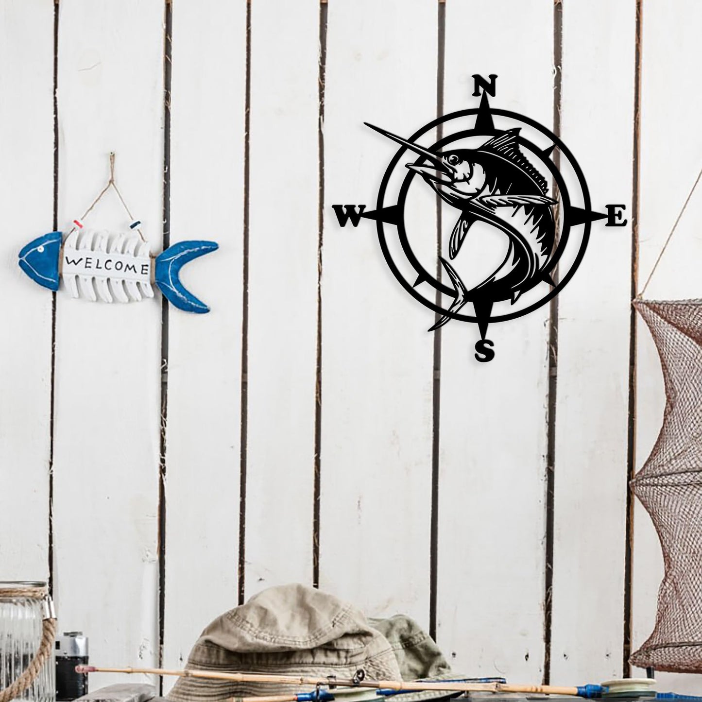 Xedatric Stylish Fishing Decor – Compass Wall Art with Jumping Swordfish, Perfect for Nautical and Marine Enthusiasts, Durable Metal Wall Sculpture for Home & Kitchen