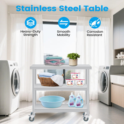 ExploreHorizon Stainless Steel Work Table with Wheels, 3-Shelf Commercial Food Prep Table 18x36x34 Inch, Rust-Resistant Metal Utility Table for Kitchen, Restaurant, Garage, Warehouse, Indoor, Outdoor