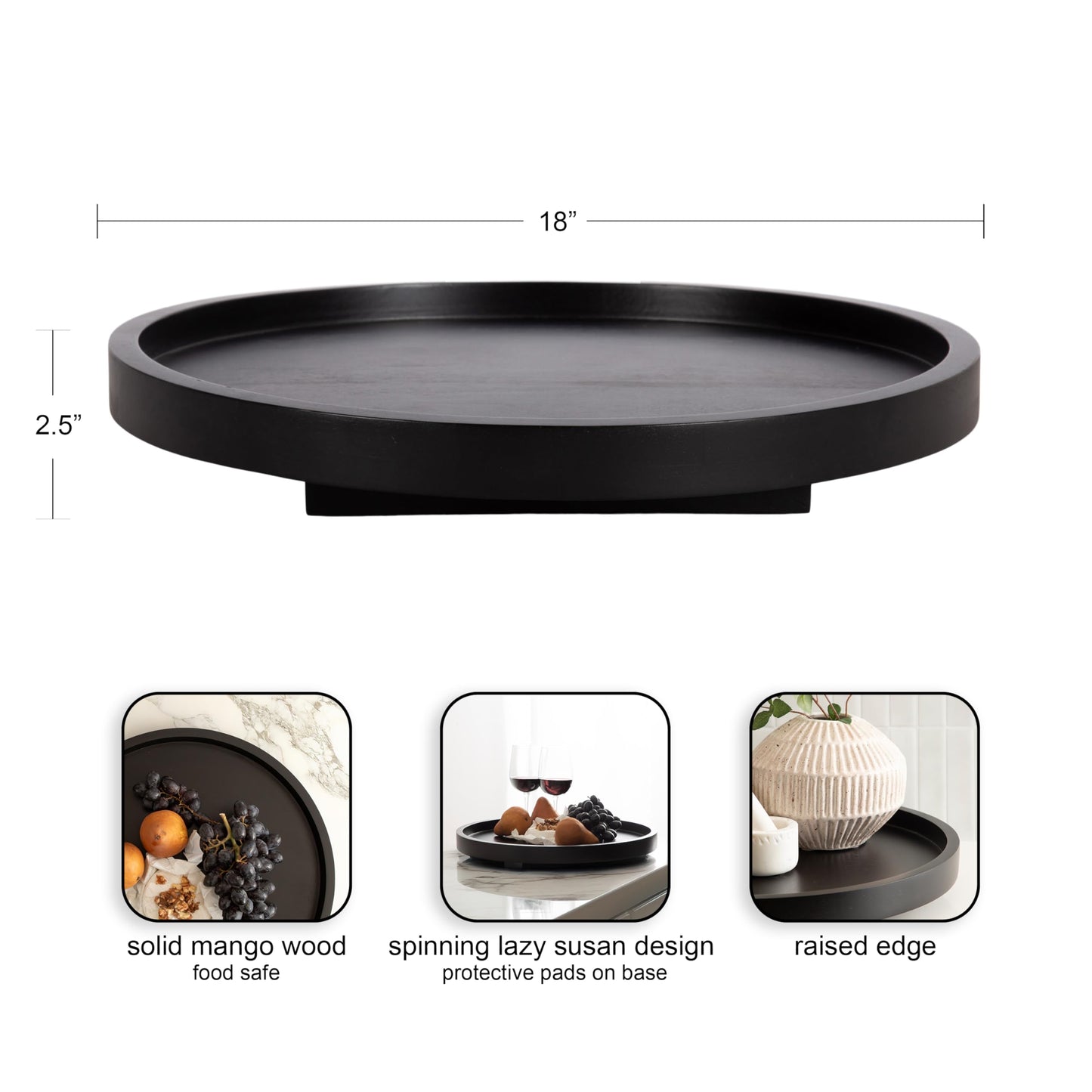 Kate and Laurel Halsey Round Lazy Susan Tray Organizer; 18 Inch Diameter; Black; Transitional Round Countertop Organizer with Turning Lazy Susan for Kitchen Storage