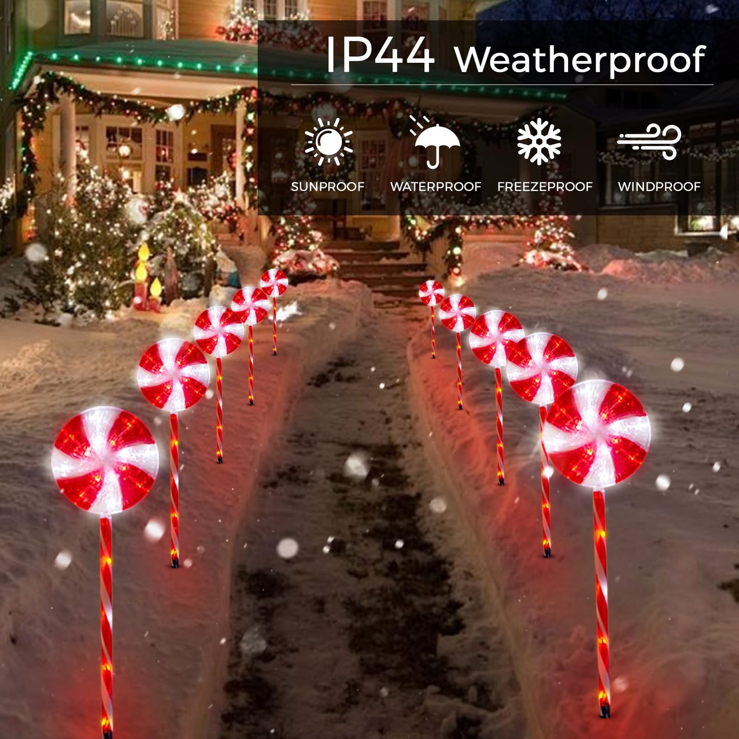 Outdoor Christmas Decorations Solar Pathway Lights, Set of 10 Lollipops Peppermint Stake Lights, 8 Modes Candy Cane Walkside Lights, Outdoor Xmas Decoration for Walkway,Yard (10PCS-Red)
