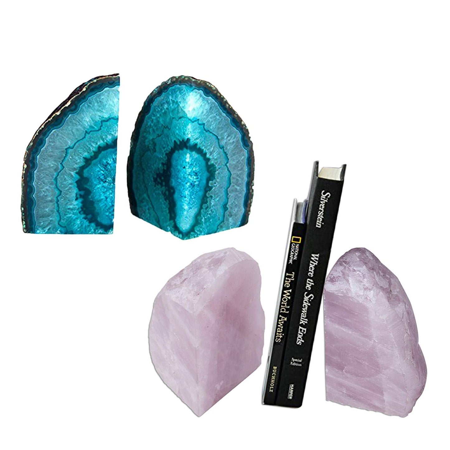 AMOYSTONE Teal Agate Bookends 3-4 lbs & Rose Quartz Bookends 3-4 lbs for Home Decor