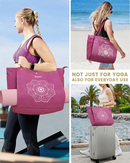 Gonex Yoga Mat Bag, Yoga Gym Bag Tote Bag with Multi Pockets For Women Men, Canvas Yoga Mat Carrier Take in Out Mat Easily For Pilates Travel Workout Office, Rose Red