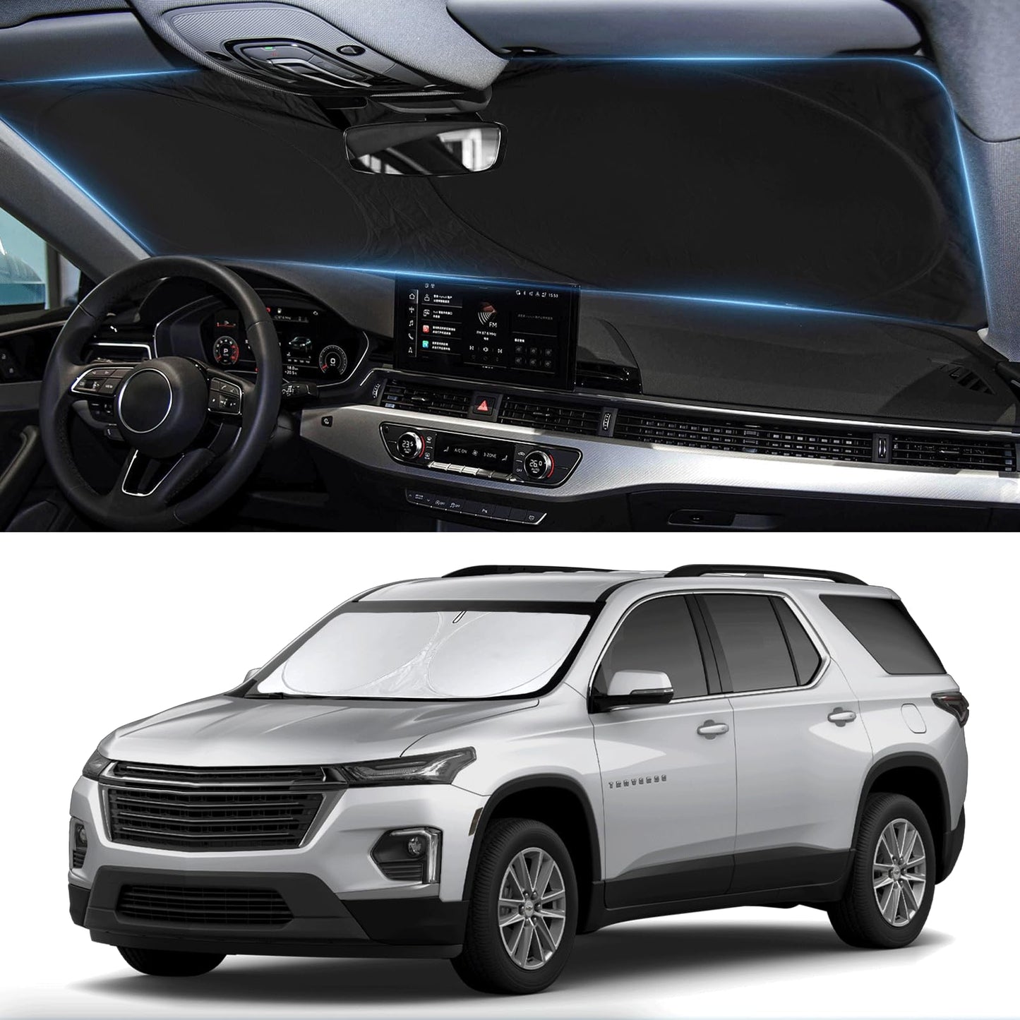 Sunshade for Chevrolet Traverse Windshield Sun Shade Cover Custom Fit 2018-2024 2025 Chevy Traverse LS, LT, RS, Redline, Premier, High Country SUV Accessories Front Window Shield Sun Visor Block UV