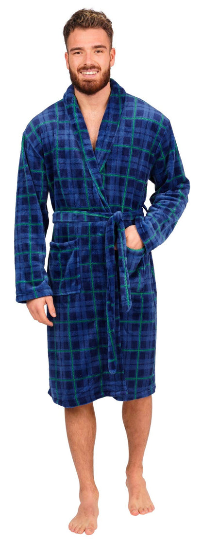 Adore Home Mens Soft Warm Flannel Fleece Bathrobe Mens Dressing Gown Shawl Collar, Check Blue, L-XL