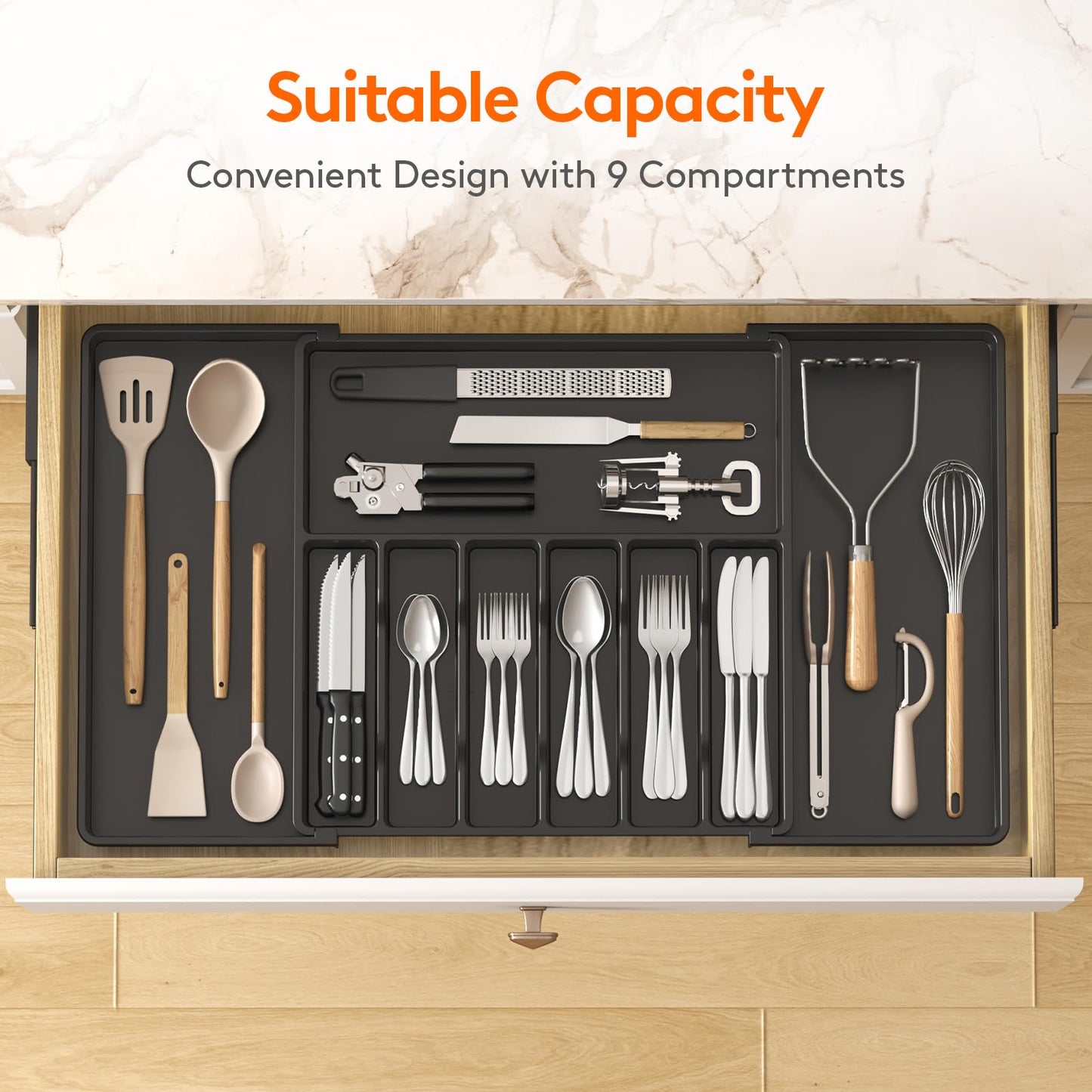 Lifewit Silverware Drawer Organizer, Expandable Utensil Tray for Kitchen, BPA Free Flatware and Cutlery Holder, Adjustable Plastic Storage for Spoons Forks Knives, 8.5"-14.1" x 12.1", Black