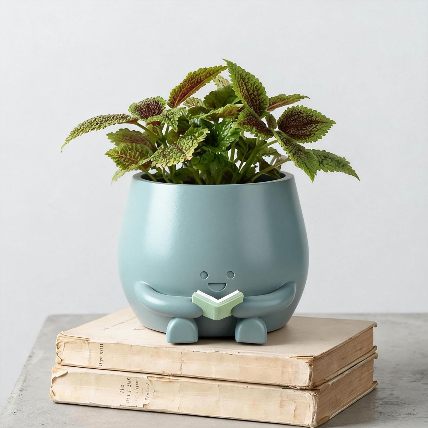 ZSHAWN Smiley Face Planter, Book Lover Plant Pot, Resin Bookworm Planter with Drainage Hole Plug, Cute Reading Succulent Pot Happy Face Indoor Desk Bookshelf Home Decor Blue