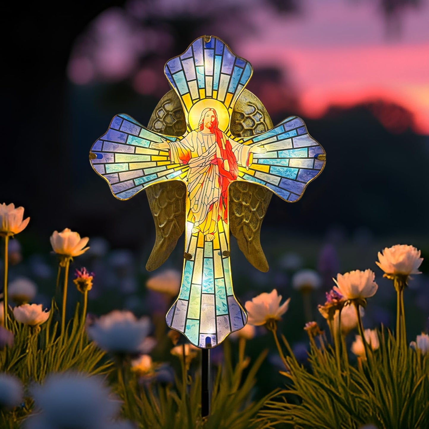 Solar Jesus Cross for Gemetery Graver,Golden Angel Wings,Grave Decorations for Cemetery,Sympathy Memorial Gifts,Christmas Yard Decor Outdoor