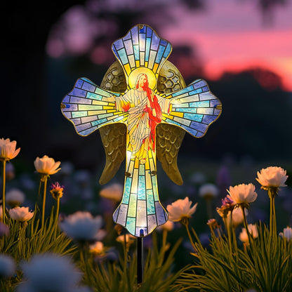 Solar Jesus Cross for Gemetery Graver,Golden Angel Wings,Grave Decorations for Cemetery,Sympathy Memorial Gifts,Christmas Yard Decor Outdoor