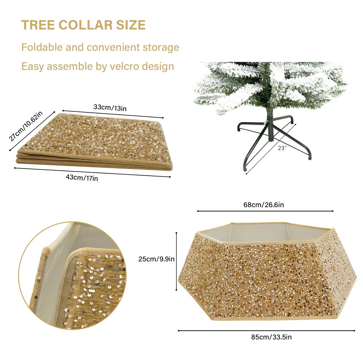 Champagne Gold Christmas Tree Collar with Sparkling Sequins,Christmas Tree Collars for Atificial Trees, 33.5 Inch Christmas Tree Skirt, Xmas Tree Stand Base Cover,Holiday Home Decor Tree Ring(Large)