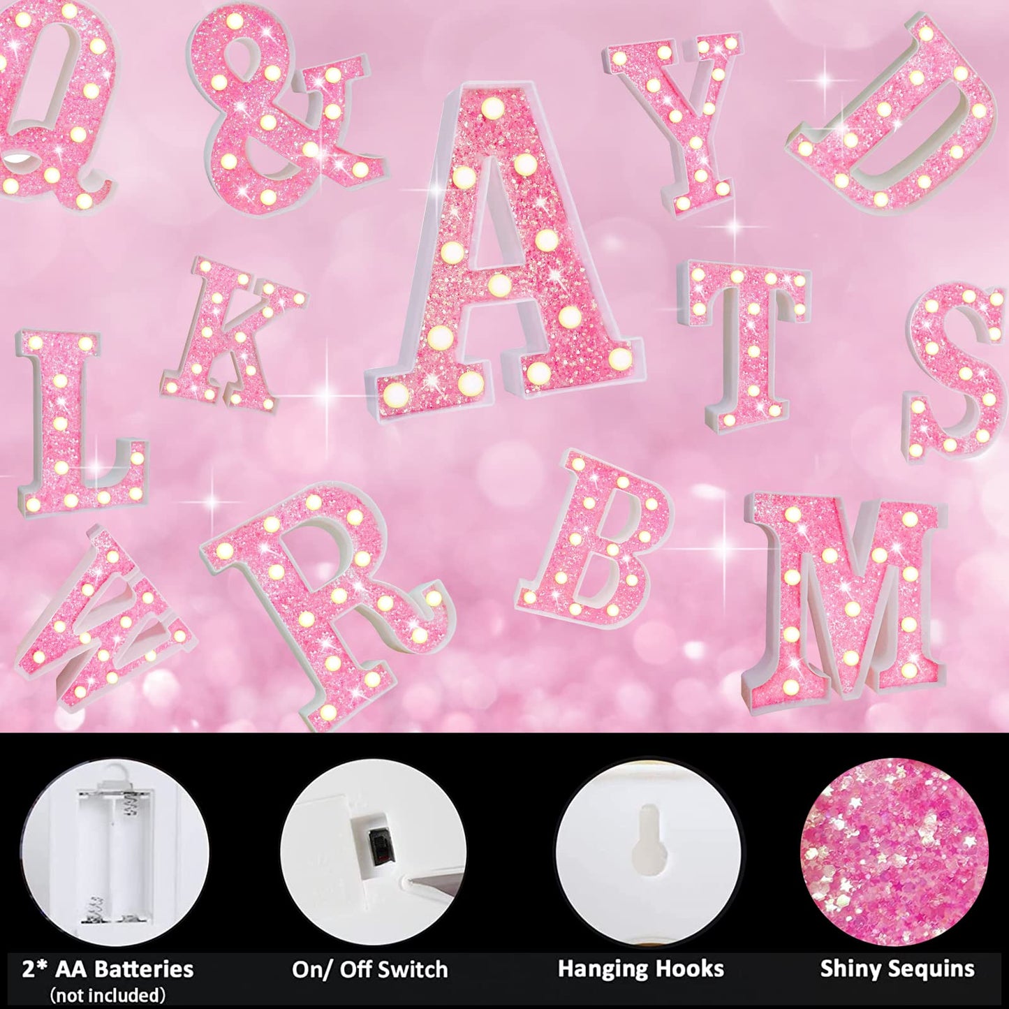 Light Up Letters, Glitter Alphabet Letter Sign Pink LED Marquee Letter Lights Battery Powered for Night Light Girls Bedroom Birthday Party Wedding Home Christmas Decorations Gift for Her-Pink B