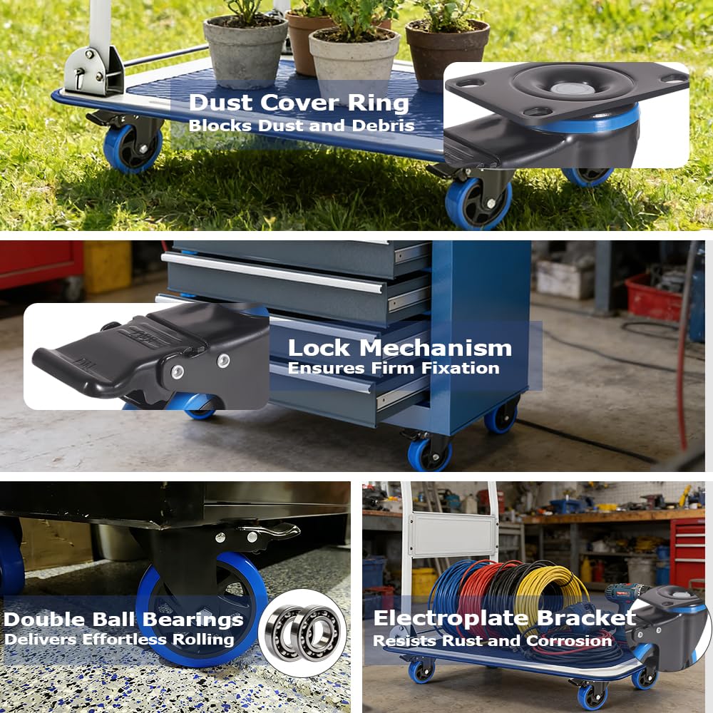5 Inch Caster Wheels, Casters Set of 4 Heavy Duty with Brake, Safety Dual Locking Casters, No Noise Wheels with Polyurethane Foam, Load 2400LBS (Two Hardware Kits Included)
