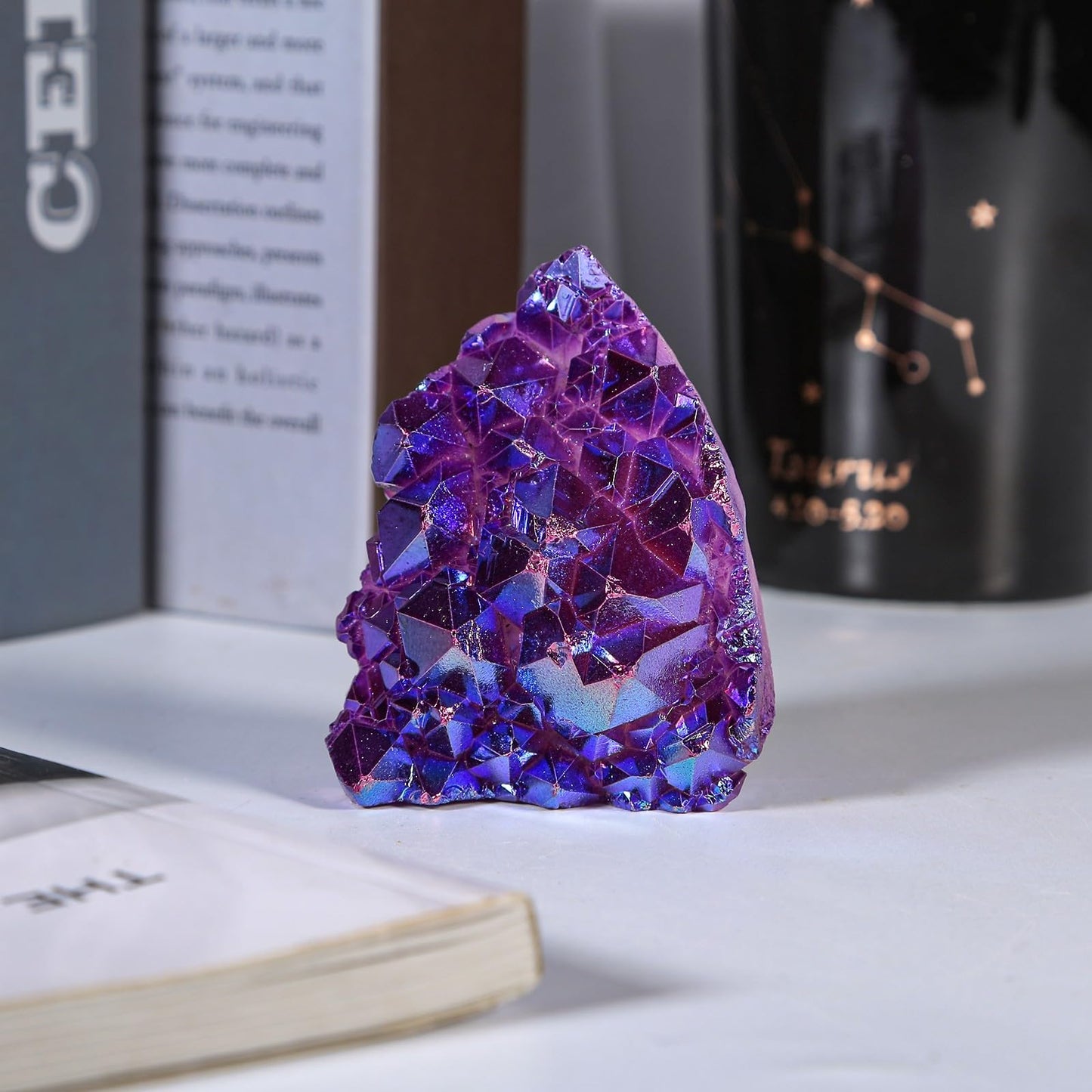 rockcloud Natural Titanium Coated White AB Crystal Cluster Irregular Reiki Crystal Geode Mineral Specimen for Home Decor, Purple