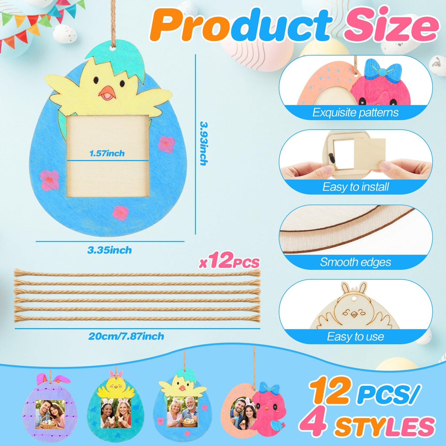 Thyle 12 Pcs Easter Chicken Egg Picture Frame Craft Kits DIY Wooden Spring Chicken Egg Photo Craft Decorative Ornaments for Easter Class Game Activities Gifts