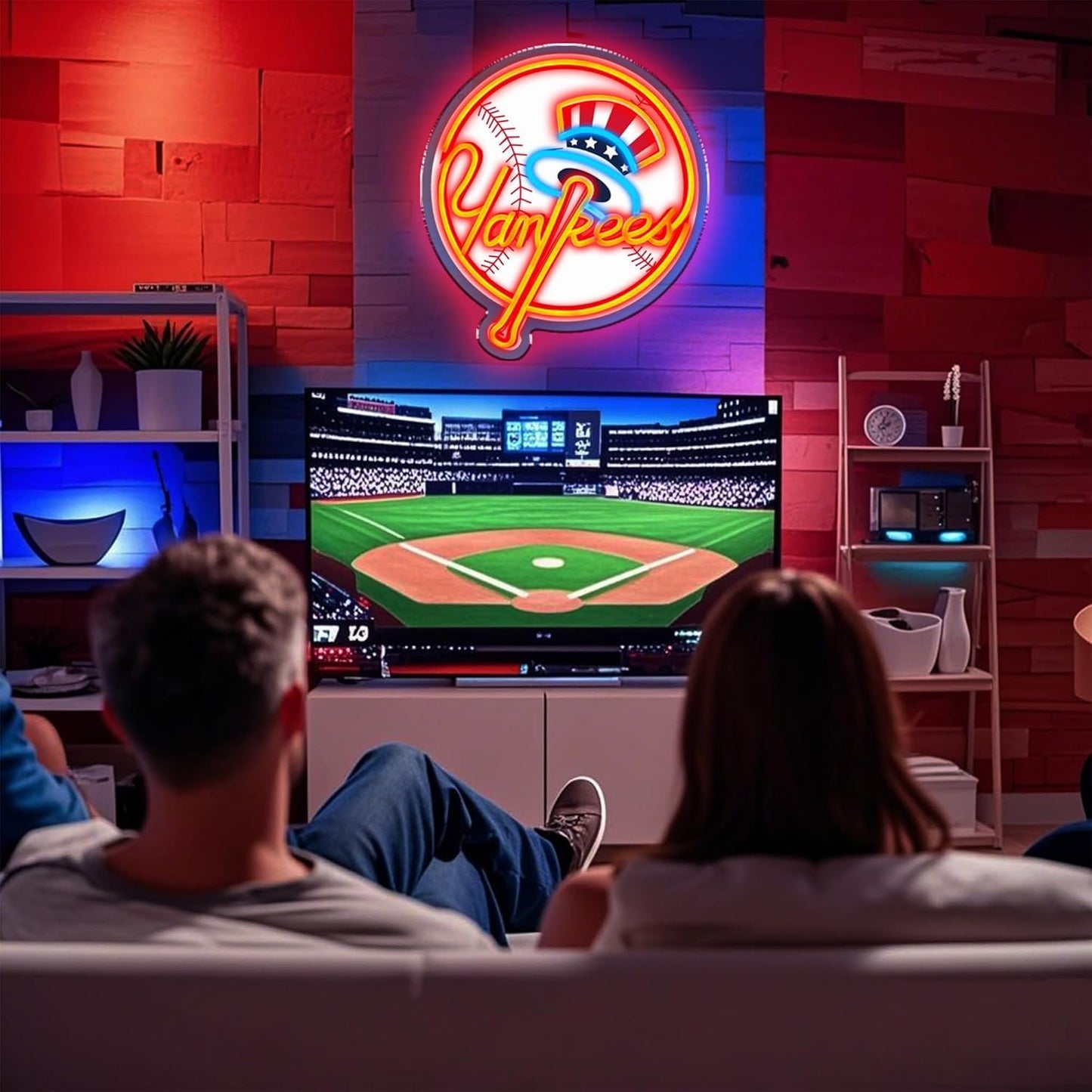 NY Baseball Neon Sign, New York Cool Light Up Dimmable NY Team Logo Hanging Led Neon Sign for Wall Decor, Bedroom, Party, Man Cave, Bedroom, Game Room Deco, Birthday Christmas Gift for Boys Fans (Red)