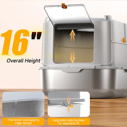 Stainless Steel Cat Litter Box with Lid, XL Extra Large Metal Litter Box for Big Cats, 180° Flip Cover Enclosed Top Entry Litter Boxs with High Sided Enclosure & Scoop, Non-Sticky, Anti-Leakage