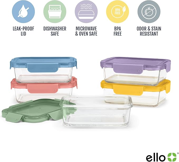 Ello Color Lock 3.4 Cup 10PC, 5 Pack Glass Meal Prep Sets Leak-Proof Glass Food