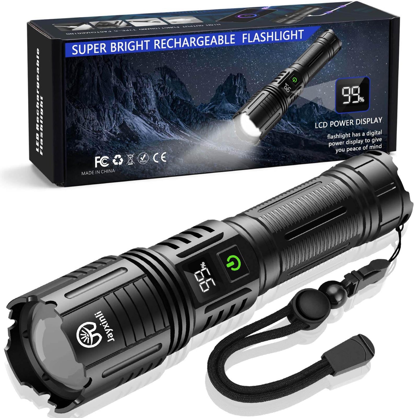 Torches LED Super Bright 500000 Lumen Rechargeable with LCD Power Display and 5000 mAh, Zoomable, IP67, Powerful, 5 Light Modes, High Power Torch for Camping, Hiking, Dog Walking