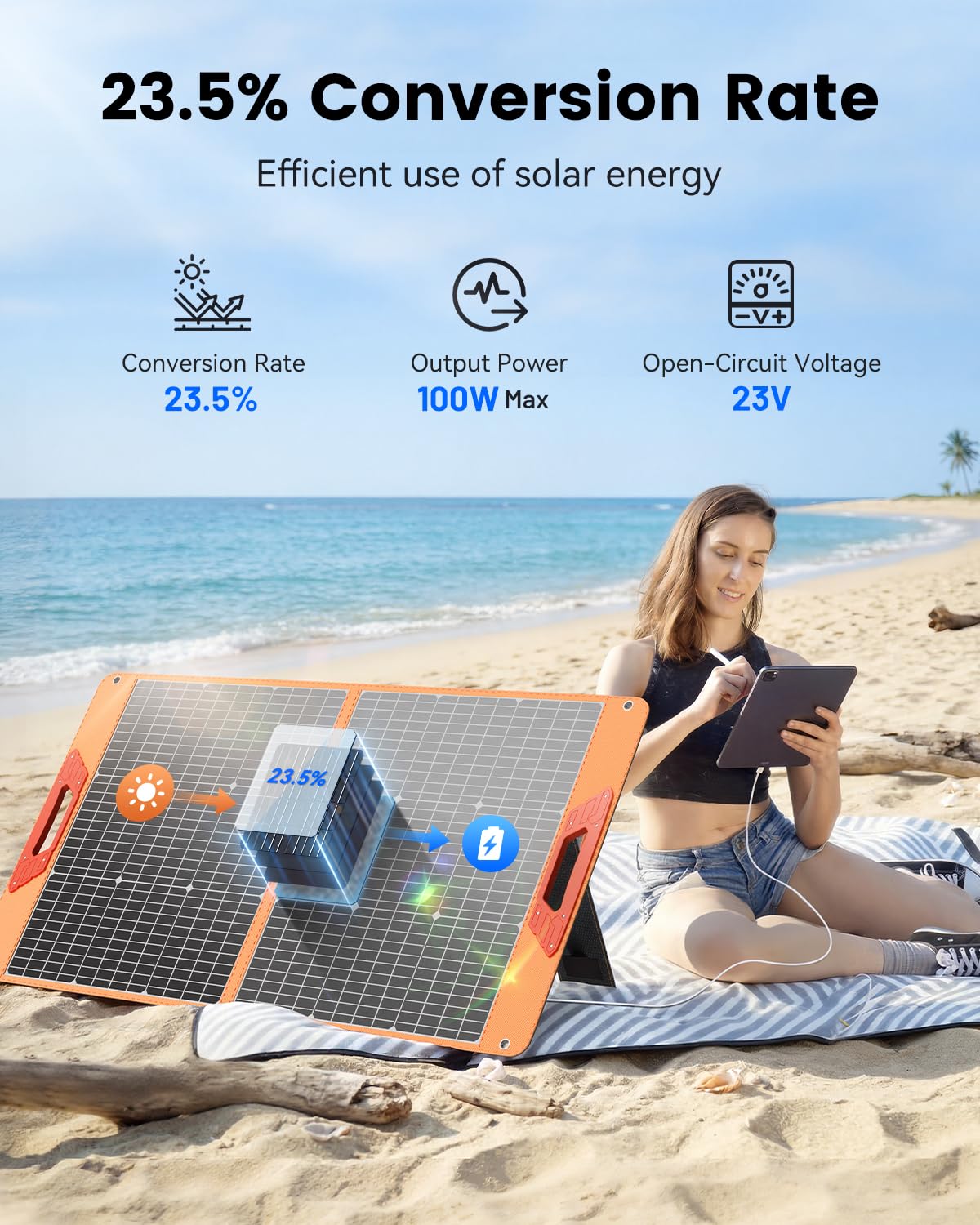 SOLUPUP 100W Portable Solar Panel for Power Station, 23.5% High Efficiency Foldable Solar Charger with DC/XT60/Anderson Cable, QC3.0 USB Outputs, IP65 Waterproof for Outdoor Camping RV Off-Grid