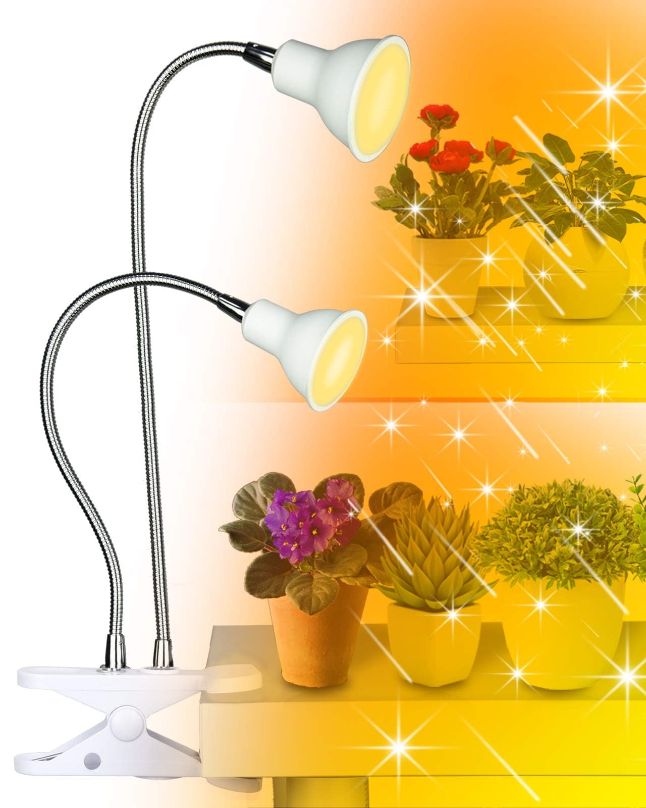 DOMMIA Grow Lights for Indoor Plants,Full Spectrum Grow Light with Warmwhite Red LED,Dual Head Clip Plant Light for Indoor Plants,Manual ON/Off Switch,Adjustable Gooseneck Plant Light for Houseplants