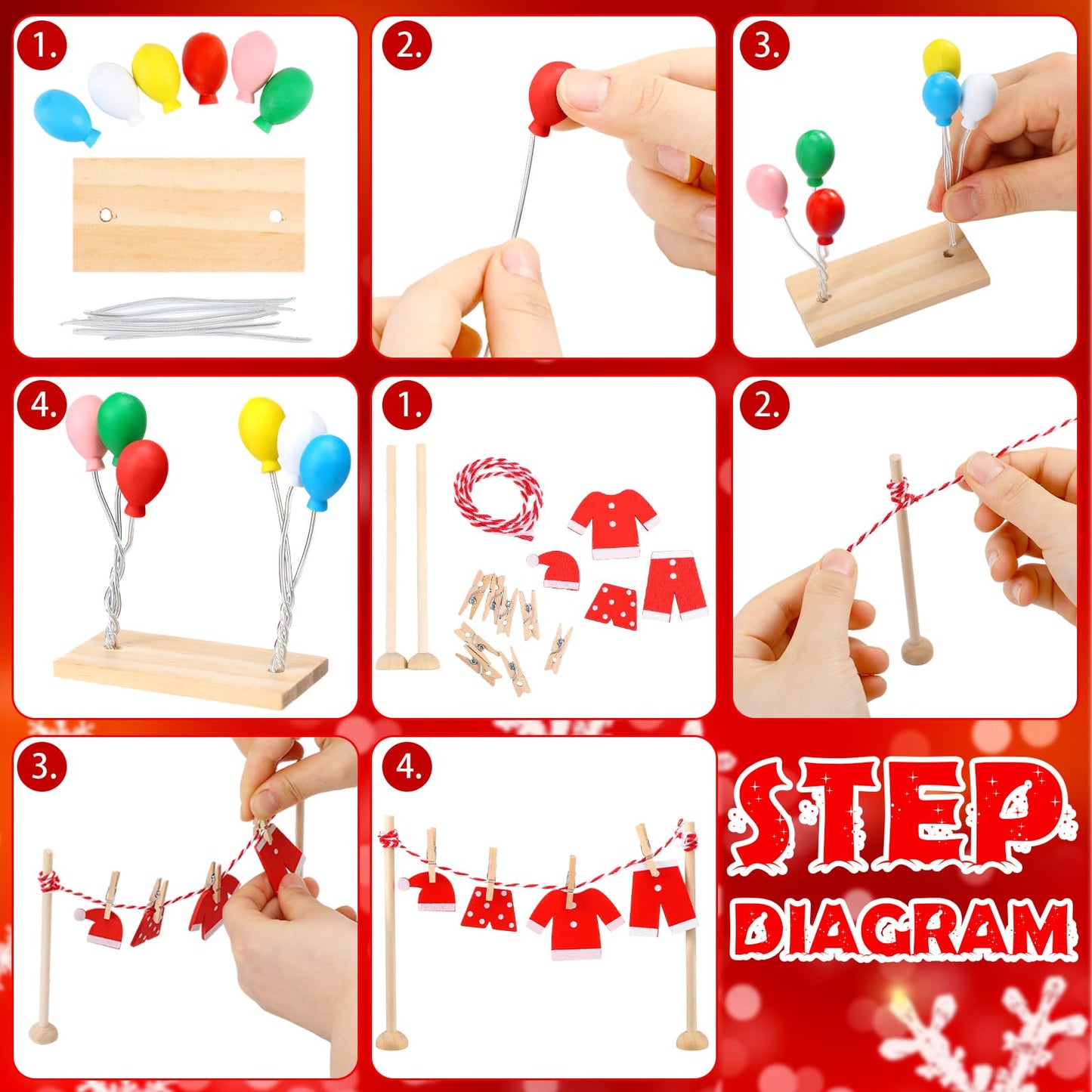 Civaner 34 Pcs Christmas Elf Costume and Accessories Set Include Mini Santa Outfits Elf Robe Scarf Hat Ladder Candy Canes Sled Gift Box Balloon Wreath and Mini Props for Xmas DIY Craft Gift