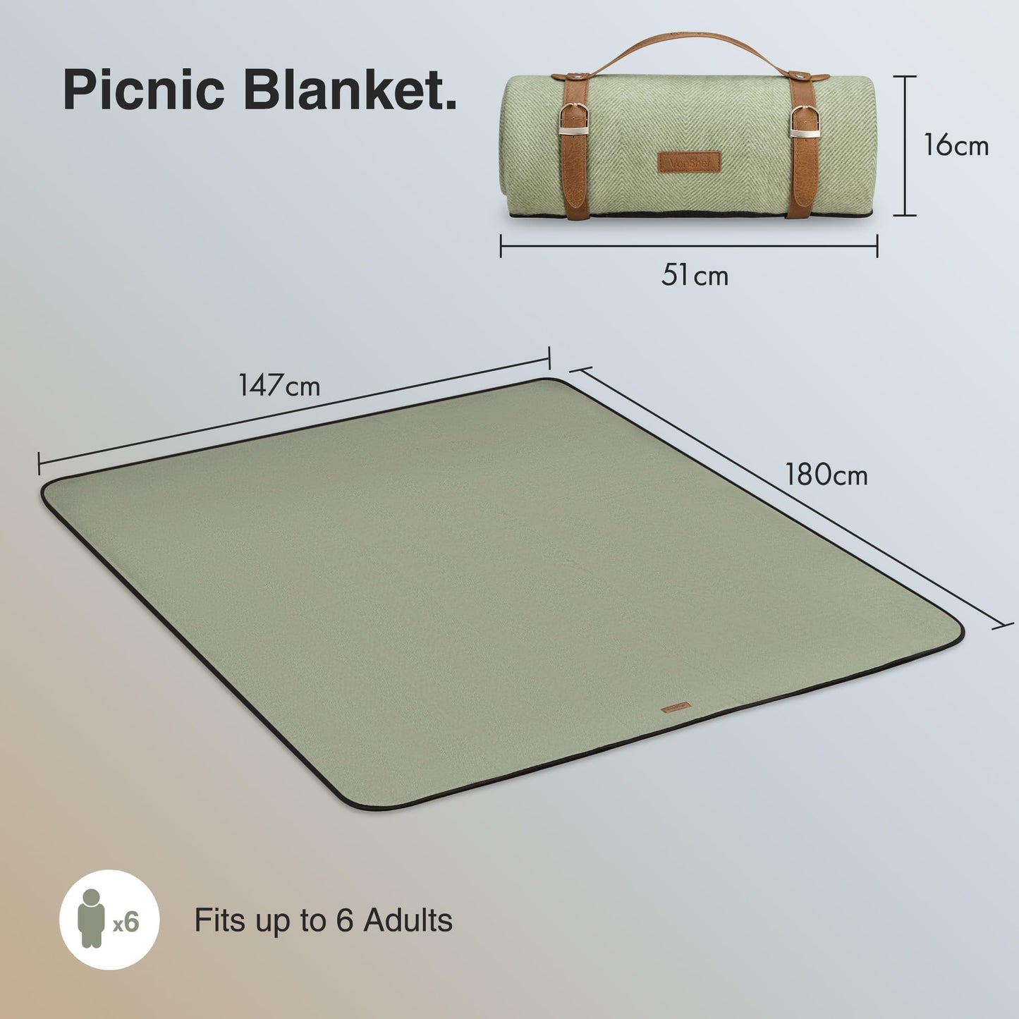VonShef Picnic Blanket, Green Herringbone Outdoor Rug with Waterproof Backing, 6 Person Weatherproof Picnic Mat with Faux Leather Handle, Water Resistant Camping Accessories, 147x180cm