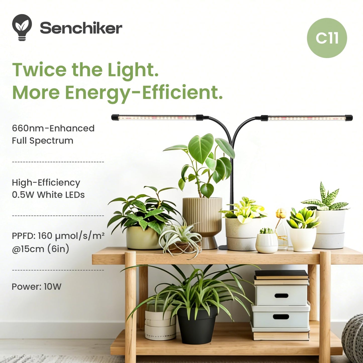 SENCHIKER Clip-on Grow Light 12V, 660nm-Enhanced Full Spectrum, LED Grow Lamp with Timer & Dimming, High PPFD 160 µmol/s/m²@6in, 10W Plant Light for Indoor Growing, C11-B