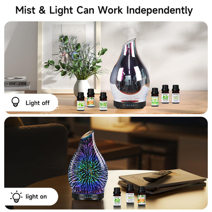 120ML Essential Oil Diffuser, 3D Glass Aromatherapy Diffuser with Auto Shut-Off and 7 Color LED Lights, Ultrasonic Mist Humidifier with 4 Timer for Home Office Bedroom (3D Fireworks)