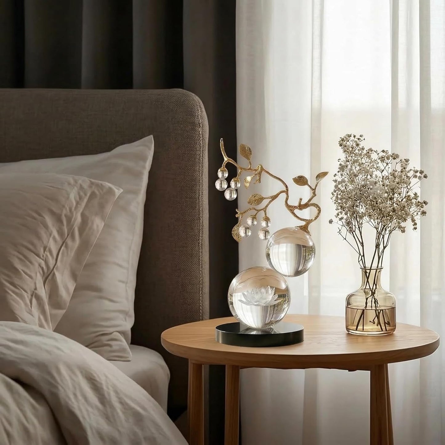 Mataura Clear Glass Sculpture, Nature Inspired Decorative Statue with Gold Metal Branch - Minimalist Desk Sculpture Home Decor for Tabletop Living Room Shelf Desk Office - Unique Housewarming Gift