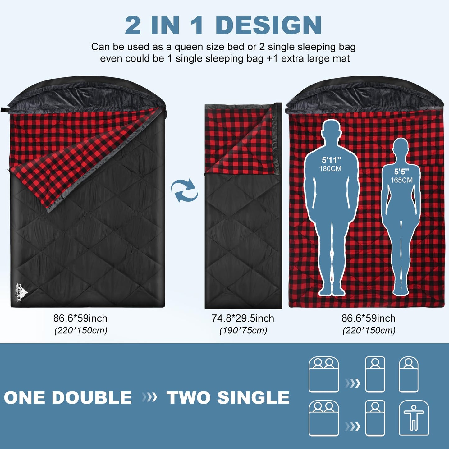 AGEMORE Cotton Flannel Double Sleeping Bag with Fleece Lined Hood, Waterproof Queen Size 2 Person Sleeping Bag for Adults Cold Weather Camping Backpacking or Hiking, 3-4season