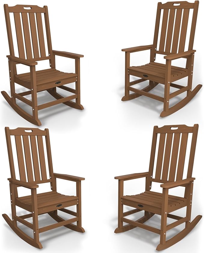 Oversized Rocking Chair Set of 4, Outdoor Rocking Chair for Adults, All Weather Resistant Porch Rocker for Lawn Garden, Wood