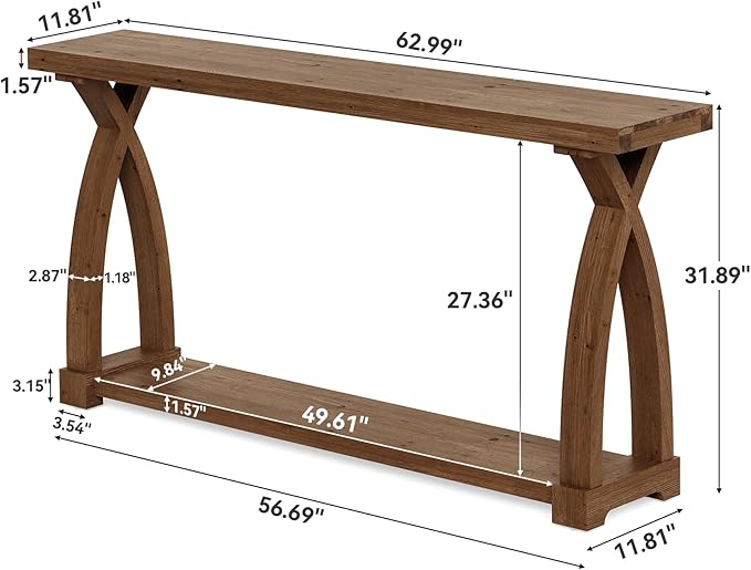 Solid Wood Console Table for Entryway, 63-Inch Narrow Farmhouse Couch Table