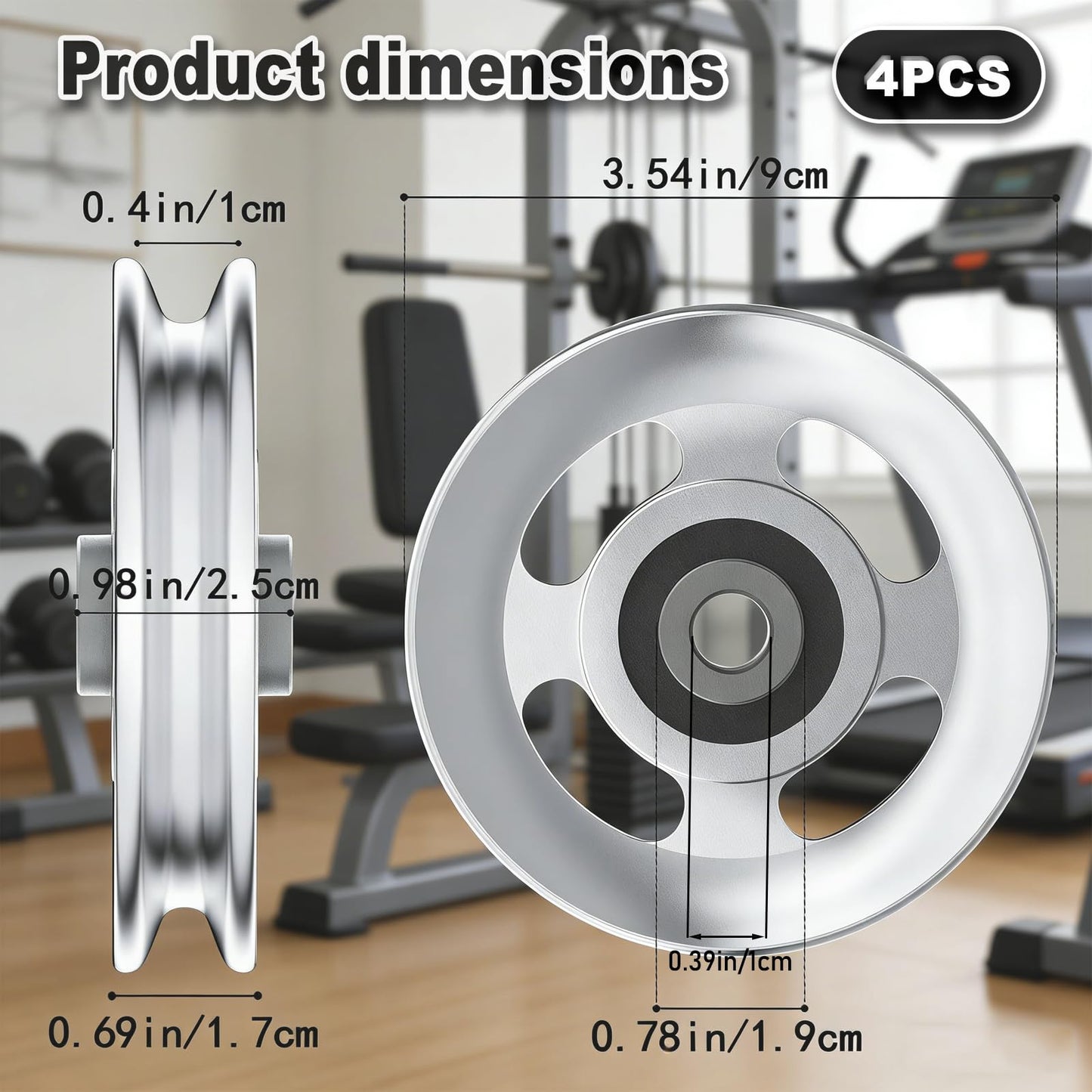 Wozafepp 4Pcs 90mm Aluminum Alloy Gym Pulley Wheel, Universal Silent Cable Machine Pulley, Heavy Duty Bearing Pulley for Home Gym Equipment, Fitness Pulldown Attachments Replacement Parts (Silver)