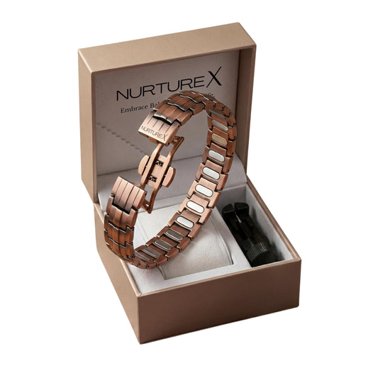 NurtureX Therapeutic Pure Copper Magnetic Bracelet for Men and Women, 5K Gauss Adjustable Magnet Therapy Bracelet with Fold Over Clasp, Includes Sizing Tool, Extra Link Pins, Cleaning Cloth, Best Gift for Men & Women - (BioFlow)