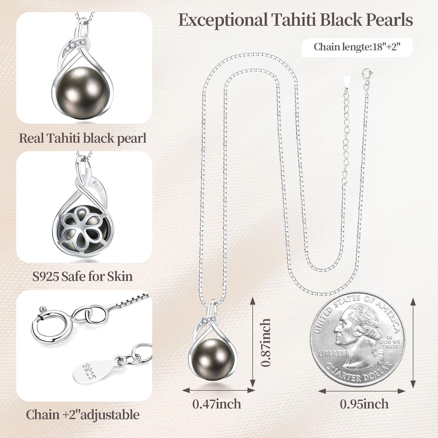 Kraidoey Tahitian Black Pearl Necklace, 11-12mm Round Real Pearls Jewelry,18+2" Sterling Silver Chain 18K Gold Plated Pendant - Gifts for Women Wife Anniversary Birthday Val Wedding Mothers Christmas Day Gift